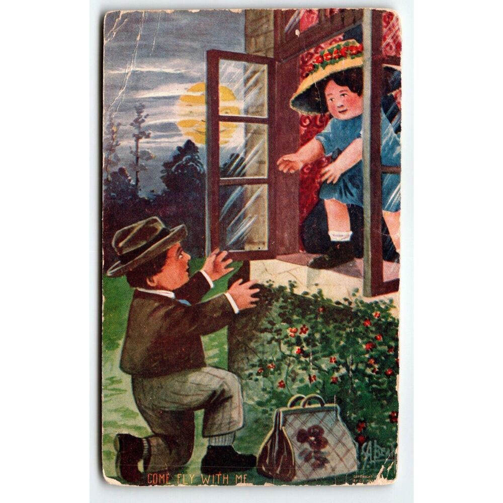 Come Fly With Me Man Women Romance Lovers Full Moon With Face Comical Postcard